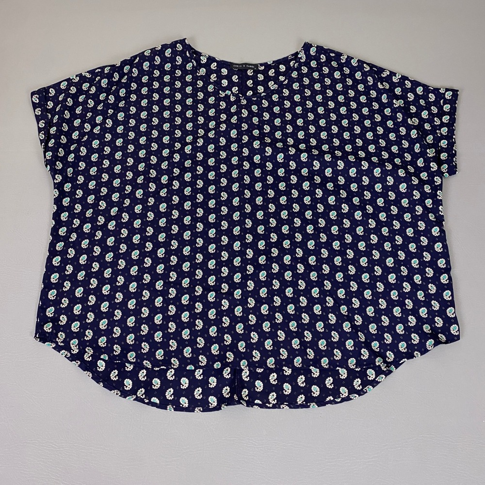 Chris & Carol Blouse Women's Plus Size 1X Navy Blue Paisley V-Neck Short Sleeve